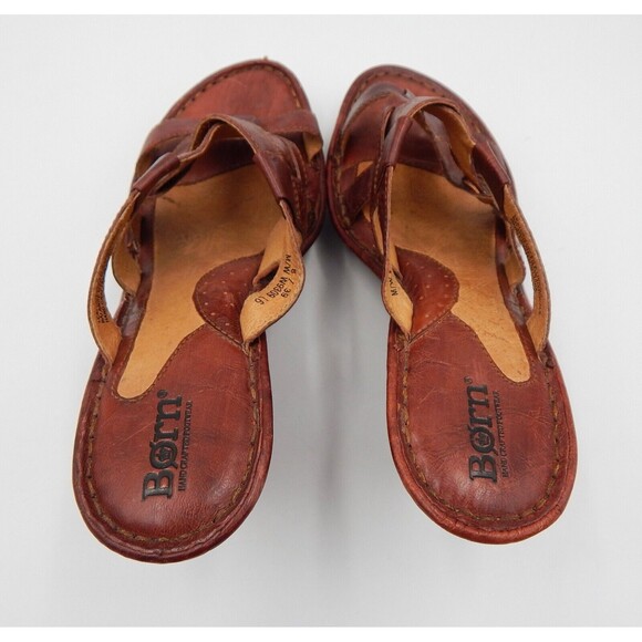 Born Women's Wedge Brown Leather Sandal Sz 8 Cross Strapped Handcrafted Slide - Picture 6 of 12